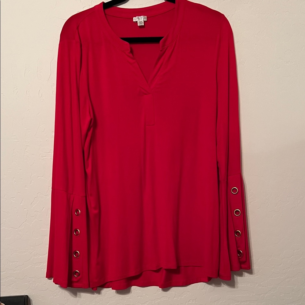 Spense Red Tunic Blouse with Bell Sleeves - Gold detail  on sleeves